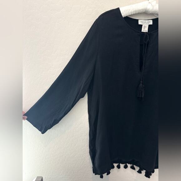RACHEL ZOË | Black Linen Tunic Top Boho Tassel Hem Resort Blouse | Large - Picture 3 of 7